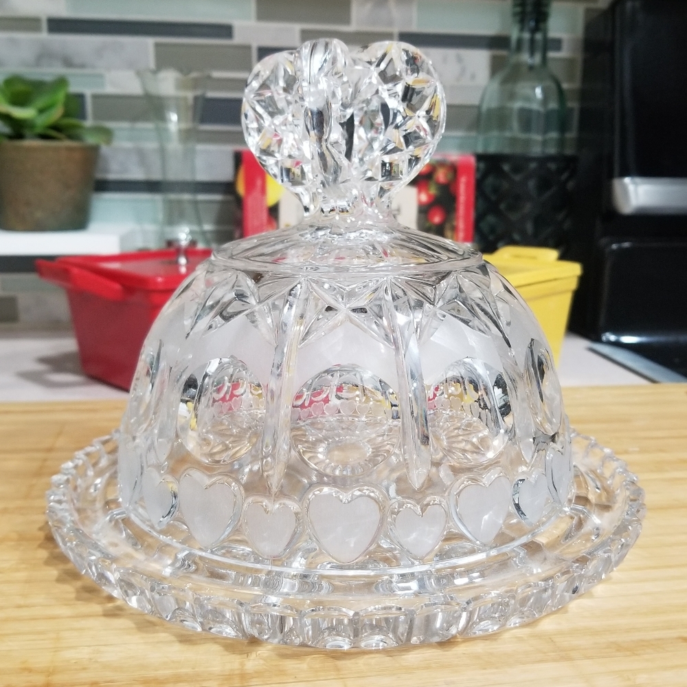 Frosted Heart Echt Bleikristall Lead Crystal Dome Butter Cheese Dish WestGermany